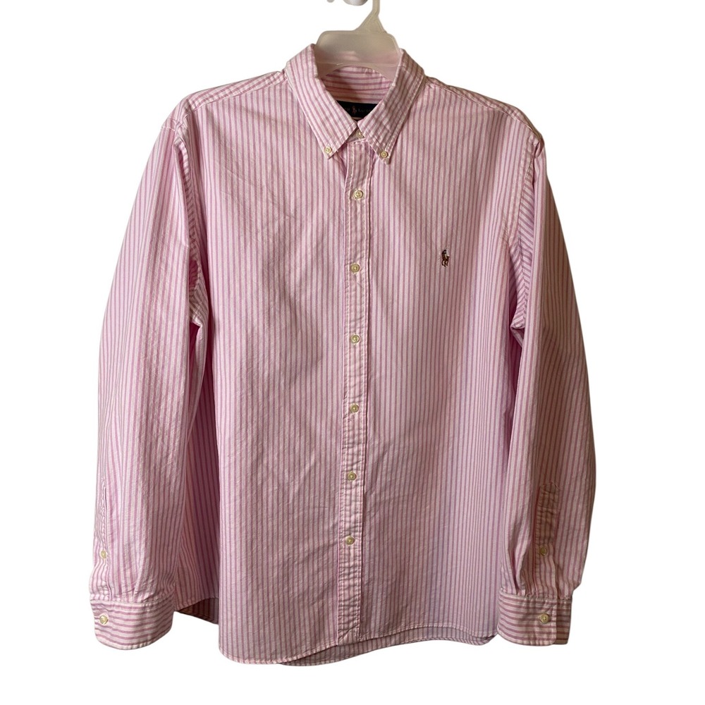Ralph Lauren Mens XXL Classic Fit Pink White Striped Long Sleeve Button up Shirt